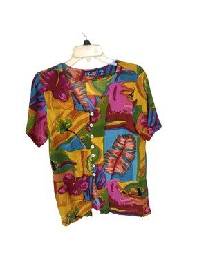 Vtg Phool Womens Tropical Blouse V Neck Short Sleeve Lightweight  Cotton